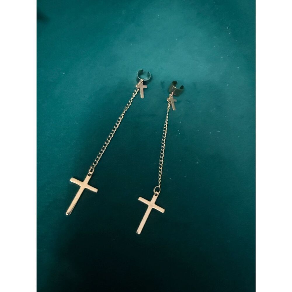 Gold Cross Dangle Chain Earrings - Earring Cuffs BRAND NEW - Small & Large Cross